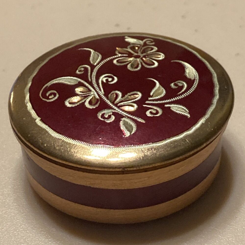 Vintage Etched Floral Design In Deep Red And Copper Toned Round Pill Box